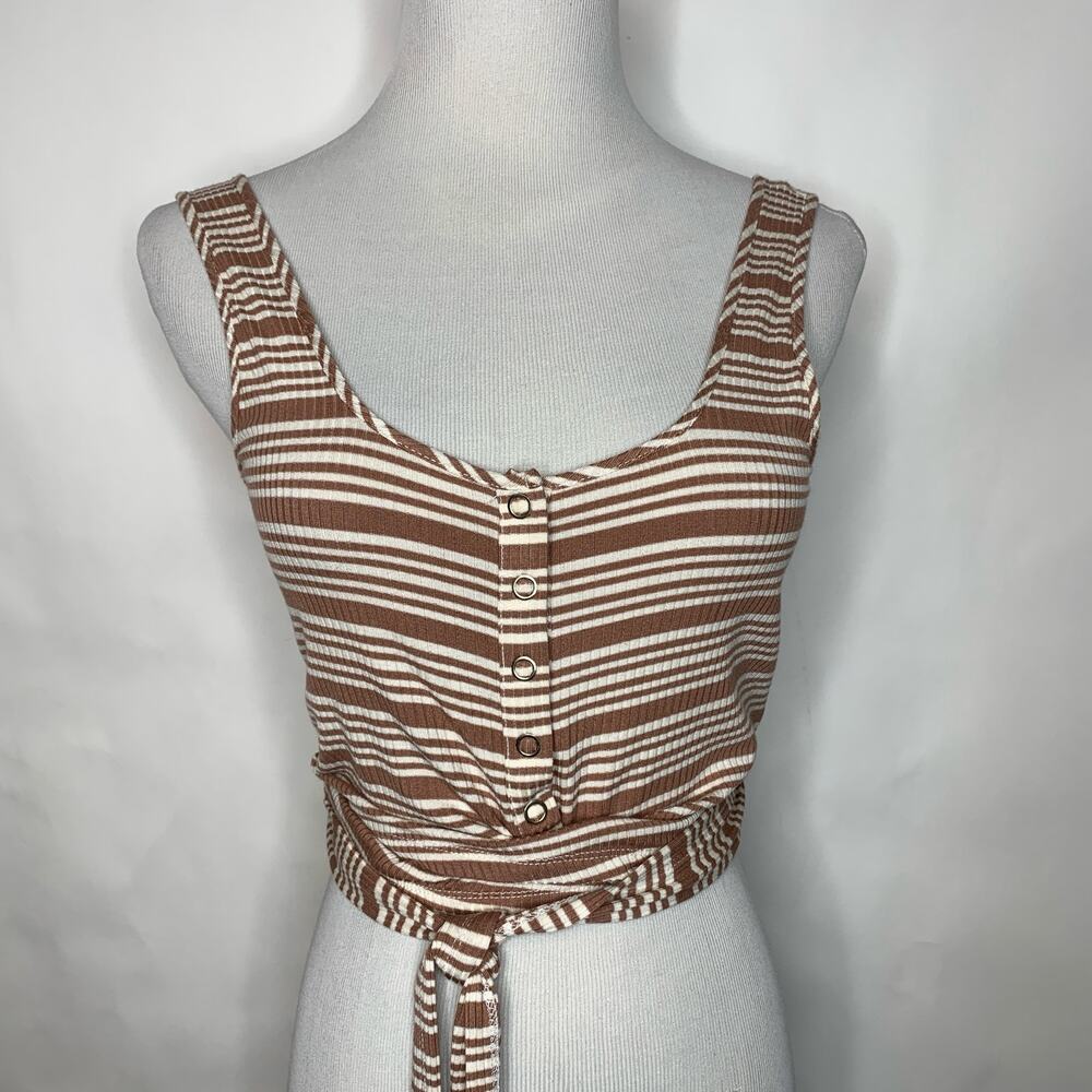 Privacy Please Brown Cream Ribbed Bodysuit Sz Small Wrap Waist
